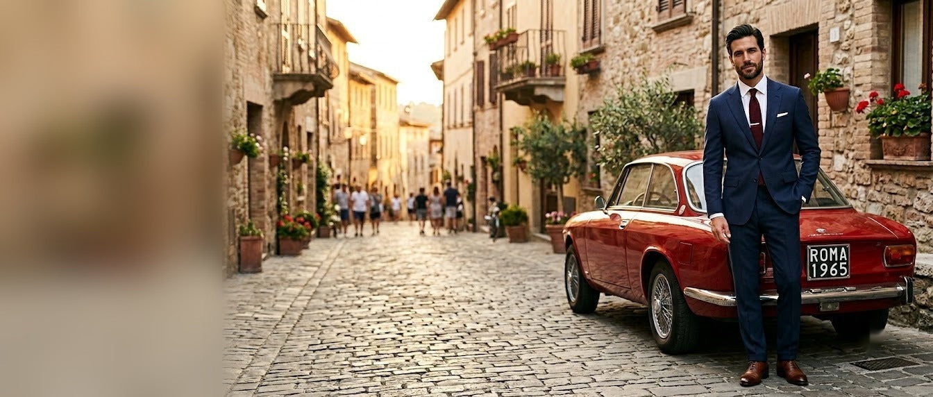 Man in navy suit beside classic Italian car, ultrawide hero